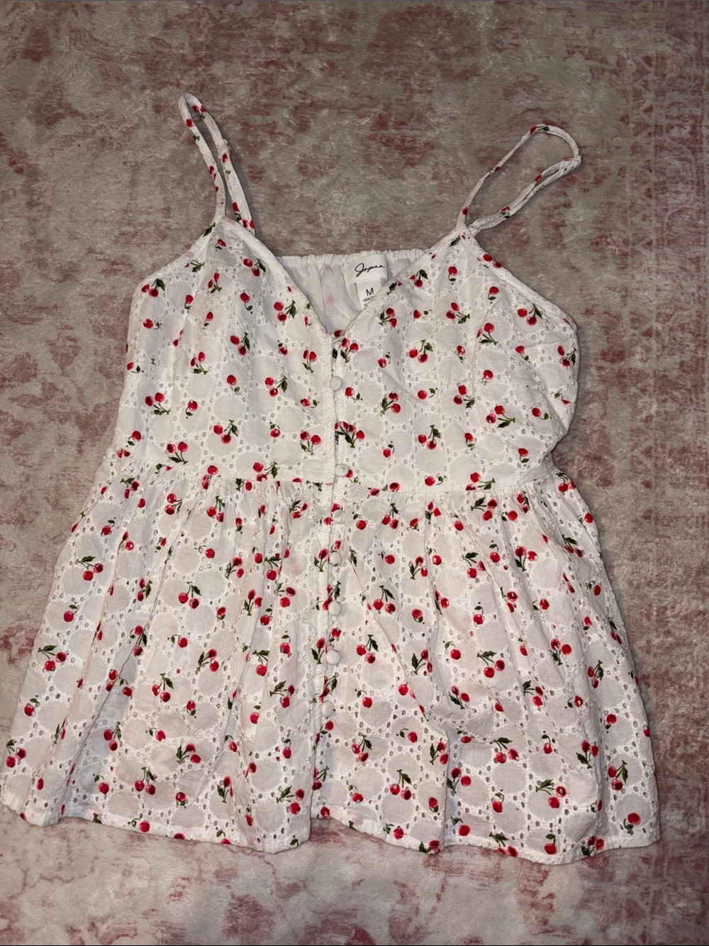 T.J.Maxx White Eyelet Cami with Red Cherry Print